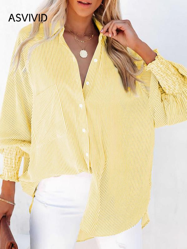 Women's Back To School Striped Print Button Front Frill Trim Raglan Sleeve Pocket Shirt, Fall Clothing Women, Going Out Tops, Shirts for Women, Casual Long Sleeve Shirred High Low Top for Daily Wear, Fall Tops  Preppy 80s Clothes