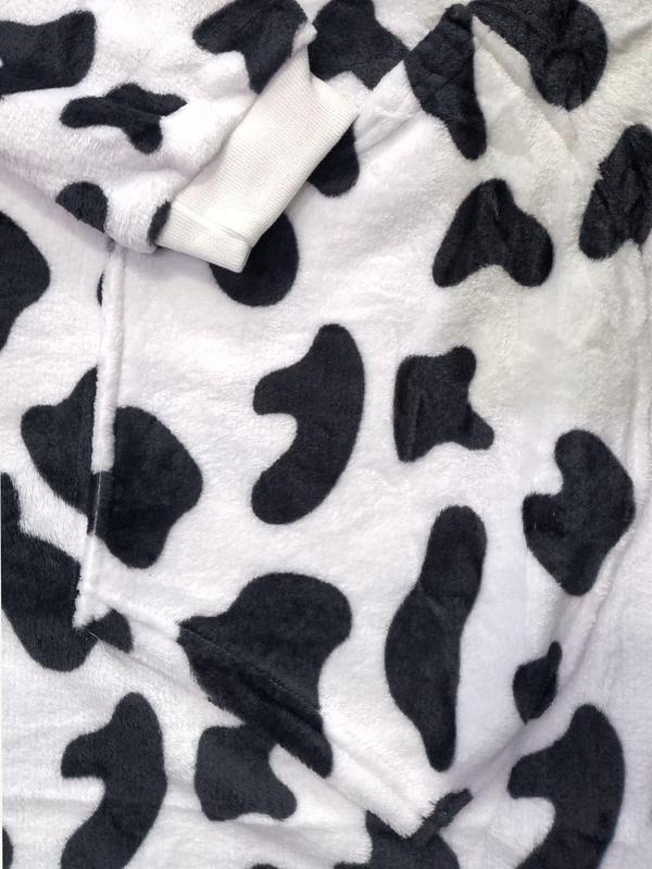 Women's Cow Print Drop Shoulder Flannel Lounge Hoodie, Casual Long Sleeve Pocket Design Hooded  Sweatshirt  for Fall & Winter, Lady's Sleepwear for Indoor Wear