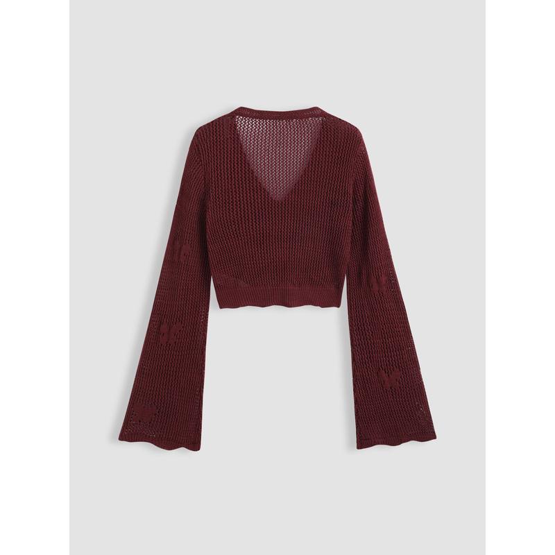 Cider [6 colors, size 2-26] Solid Hollow Out Knit Knotted Cardigan