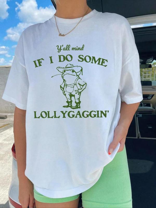 Women's Cartoon Frog & Letter Print Round Neck Tee, Fashion Casual Short Sleeve T-shirt, Ladies Summer Clothes for Daily Wear