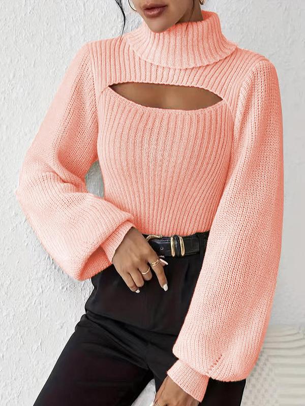 Women's Cut Out Lantern Sleeve High  Neck Sweater, Elegant Fashion Long Sleeve Jumper for Daily Outdoor Wear, Women Knitwear for Fall & Winter