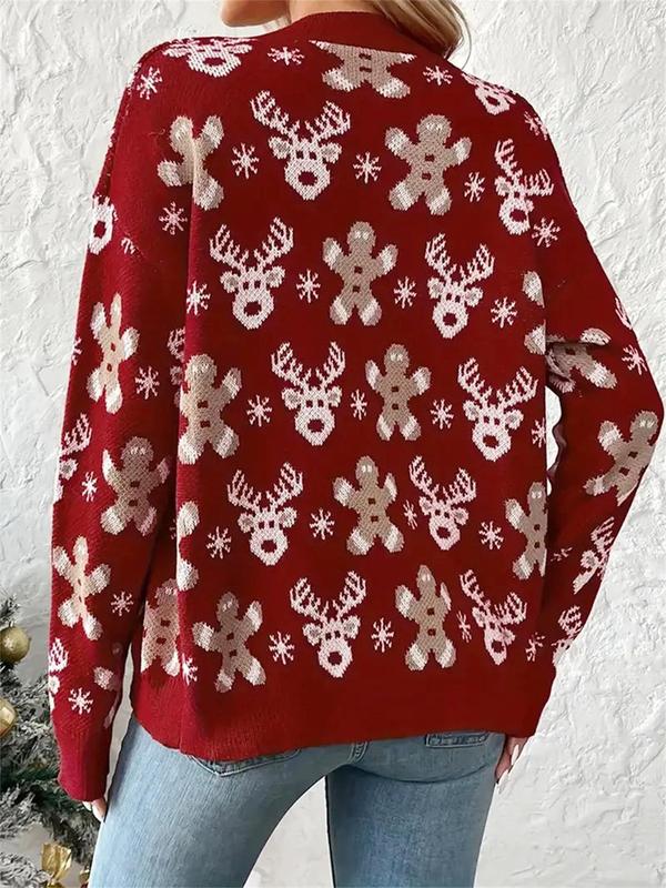 Women's Christmas Themed Cartoon Reindeer Embroidery Sweater Cardigan, Casual Drop Shoulder Long Sleeve Button Front Knitwear for Fall & Winter, Women's Knit Clothing for Daily Wear