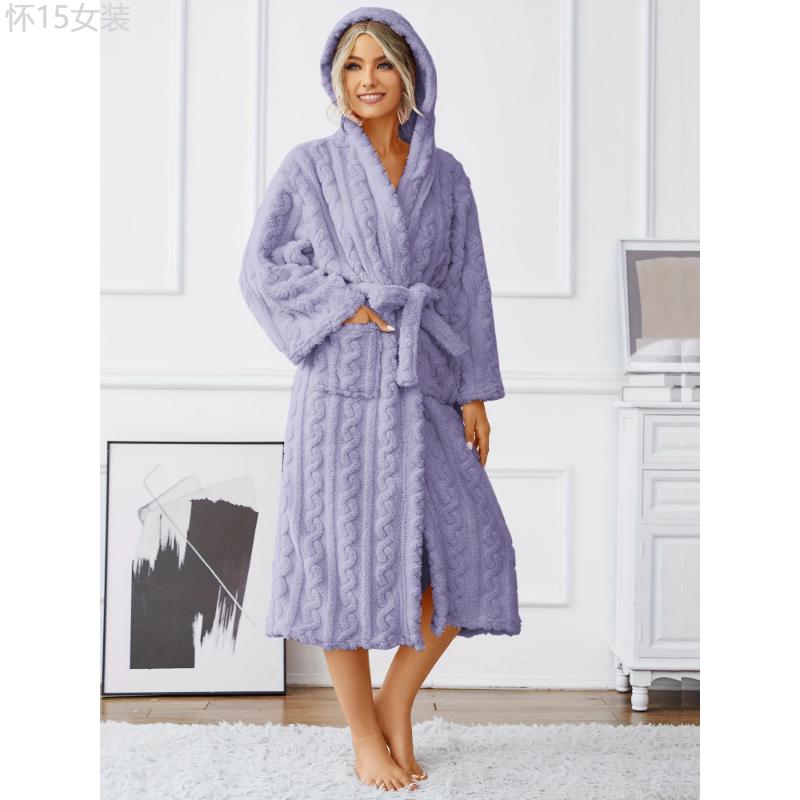 Casual Solid Fleece Jacquard Night Robe, Long Sleeve Hooded Robe With Belt, Women's Sleepwear & Dresses Fabric Polyester