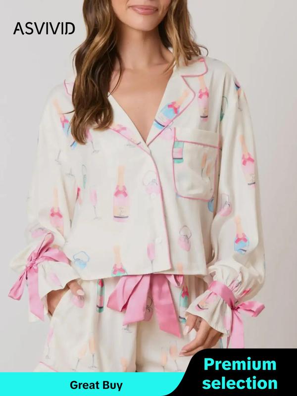 Two-piece Set Women's All Over Cartoon Print Contrast Binding Pajama, Long Sleeve Button Front Lapel Neck Shirt & Bow Decor Pants Set, Two Piece Set Women, Women's Sleepwear for Spring & Fall