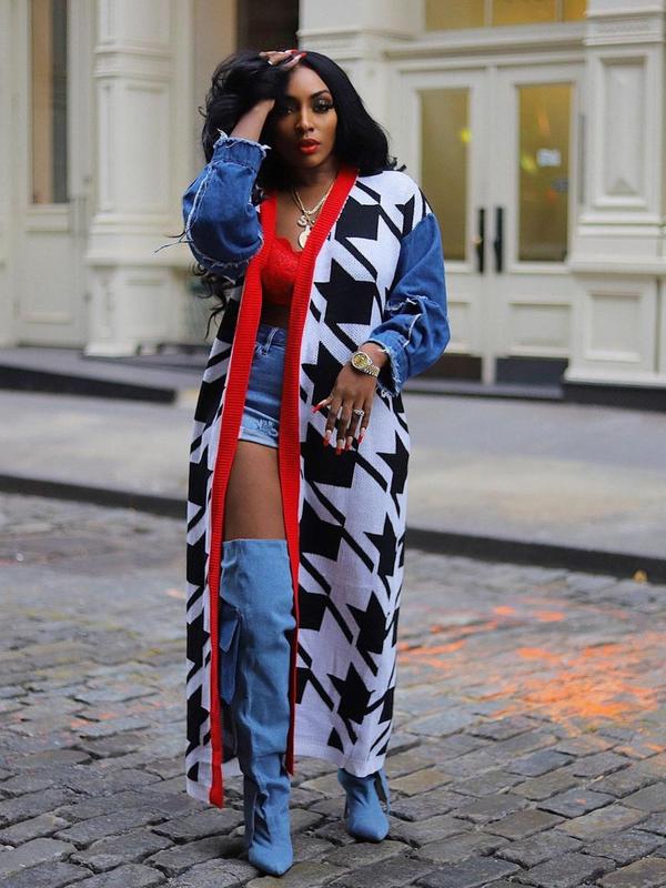 Women's Houndstooth Patchwork Print Drop Shoulder Longline Cardigan, Casual Long Sleeve Open Front Knitwear for Fall & Winter, Fashion Ladies' Knit Clothing for Daily Wear
