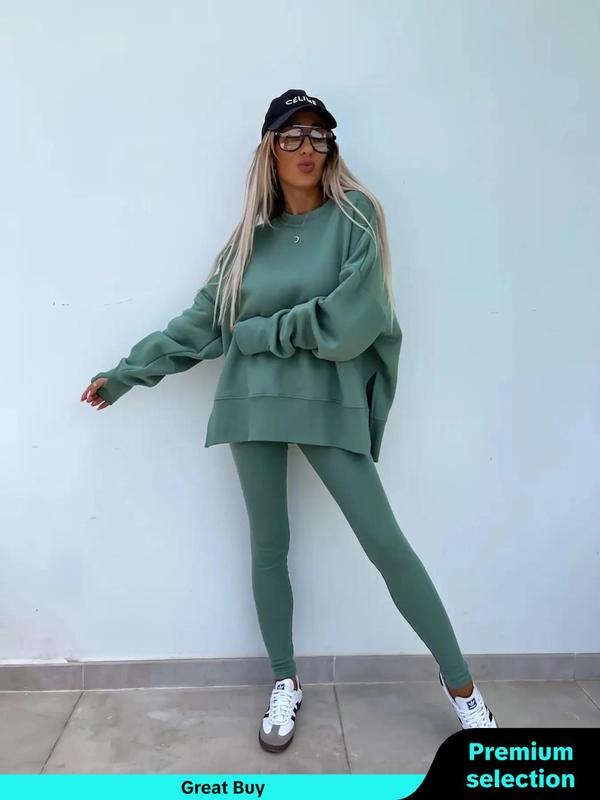 Women's Solid Drop Shoulder Sweatshirt & Elastic Waist Pants Two-piece Set, Casual Fashion Cozy Split Hem Long Sleeve Pullover & Skinny Trousers for Daily Outdoor Wear, Women's Clothing for Fall