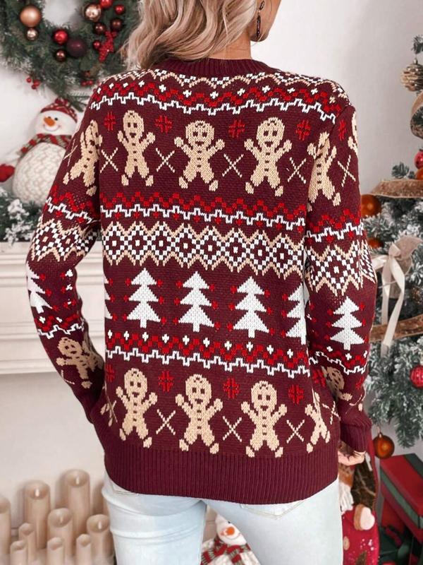 Women's All Over Christmas Tree & Gingerbread Print Sweater, Casual Long Sleeve Round Neck Jumper for Fall & Winter, Ladies' Knitwear for Daily Wear