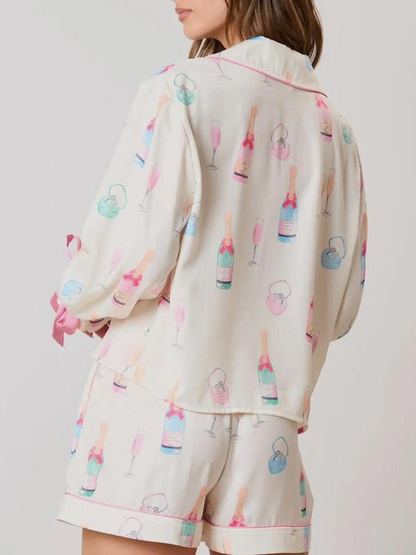 Two-piece Set Women's All Over Cartoon Print Contrast Binding Pajama, Long Sleeve Button Front Lapel Neck Shirt & Bow Decor Pants Set, Two Piece Set Women, Women's Sleepwear for Spring & Fall