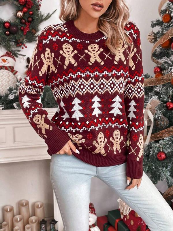 Women's All Over Christmas Tree & Gingerbread Print Sweater, Casual Long Sleeve Round Neck Jumper for Fall & Winter, Ladies' Knitwear for Daily Wear