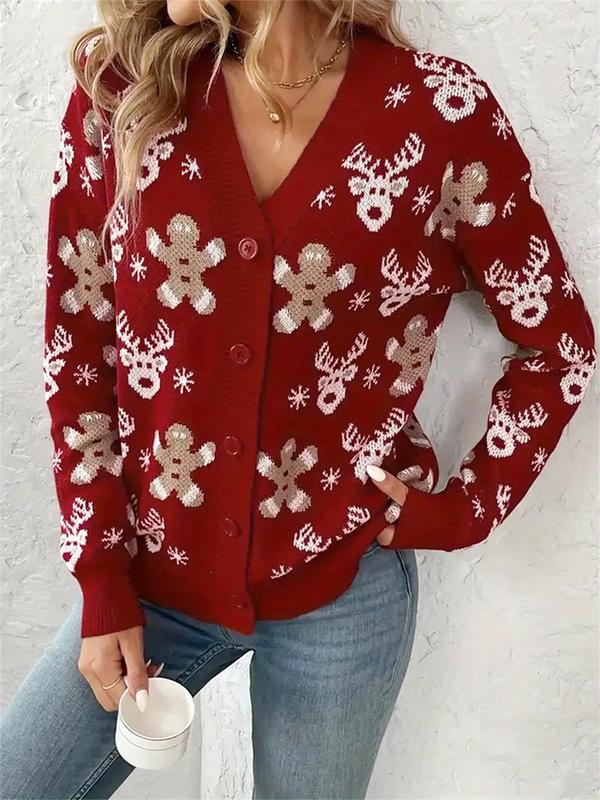 Women's Christmas Themed Cartoon Reindeer Embroidery Sweater Cardigan, Casual Drop Shoulder Long Sleeve Button Front Knitwear for Fall & Winter, Women's Knit Clothing for Daily Wear
