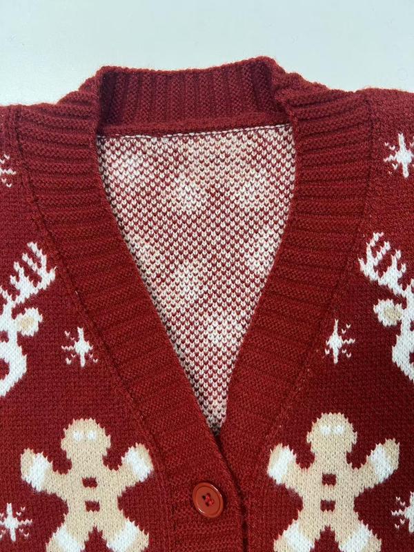 Women's Christmas Themed Cartoon Reindeer Embroidery Sweater Cardigan, Casual Drop Shoulder Long Sleeve Button Front Knitwear for Fall & Winter, Women's Knit Clothing for Daily Wear