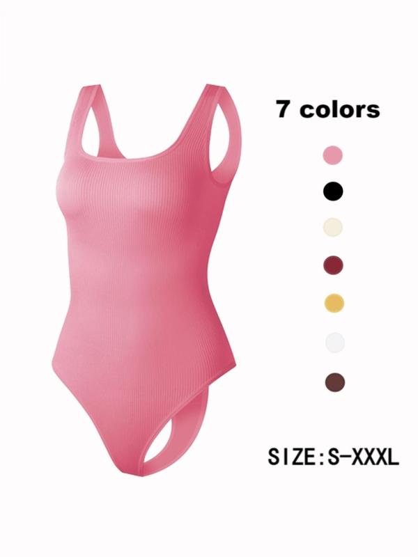 Women's Solid Backless Ribbed Shapewear Bodysuit, Breathable Comfortable Hook & Eye Closure Crotch Shaper, Tummy Control Butt Lifter, Ladies Shapewear for Daily Wear