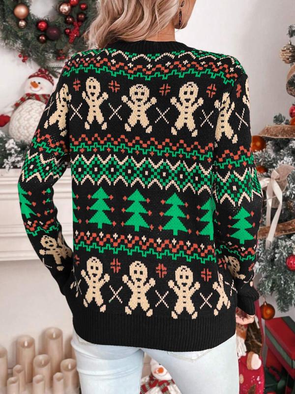 Women's All Over Christmas Tree & Gingerbread Print Sweater, Casual Long Sleeve Round Neck Jumper for Fall & Winter, Ladies' Knitwear for Daily Wear