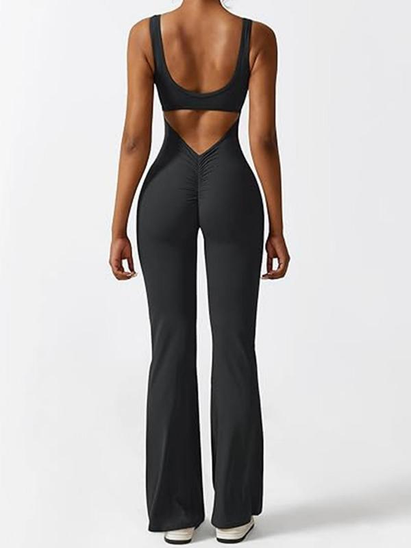 Women's Back To School Plain Cut Out Backless Ruched Scoop Neck Flare Leg Jumpsuit, Jumpsuit for Women, Overalls for Women, Casual Basic Sleeveless Skinny Jumpsuit for Summer, Summer Outfits 2024, Ladies Summer Clothes for Daily Wear