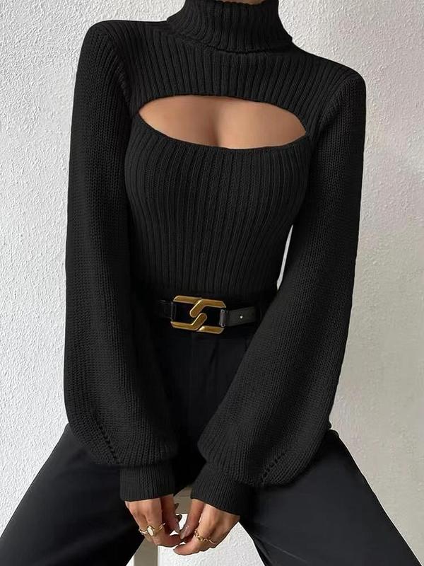 Women's Cut Out Lantern Sleeve High  Neck Sweater, Elegant Fashion Long Sleeve Jumper for Daily Outdoor Wear, Women Knitwear for Fall & Winter