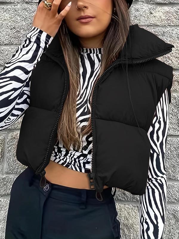 Women's Solid Drawstring Zip Up Puffer Vest, Casual Fashion Sleeveless Outerwear for Fall & Winter, Women's Clothing for Daily Wear