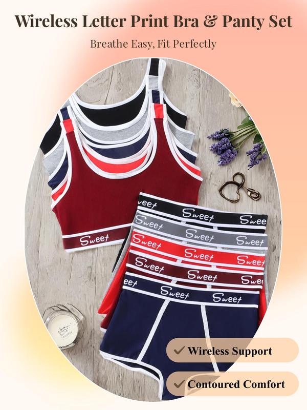 Women's Letter Print Contrast Binding Wireless Bra & Panties Underwear Set, Fall Wear, Casual Breathable Comfortable Underwear Set for Daily Womenswear, Fall Underwear Set Grwm Underwater