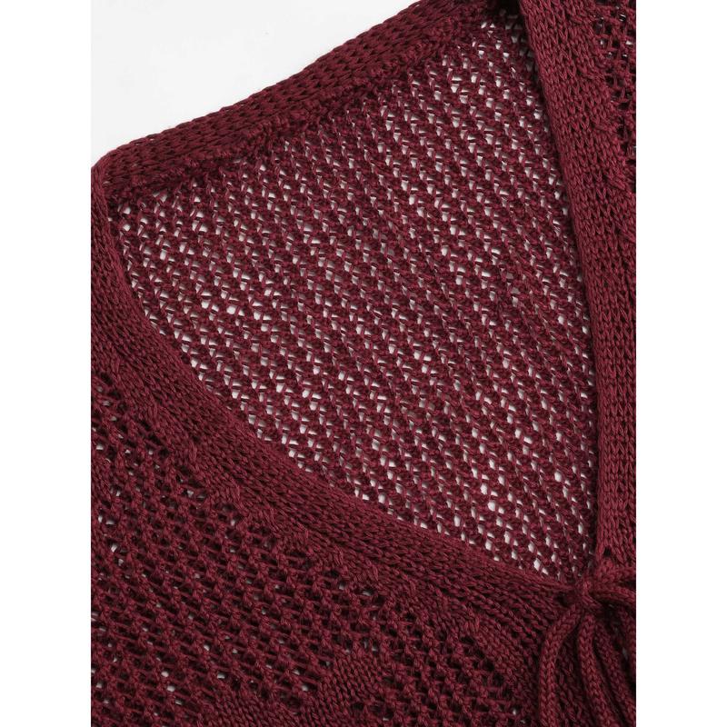 Cider [6 colors, size 2-26] Solid Hollow Out Knit Knotted Cardigan