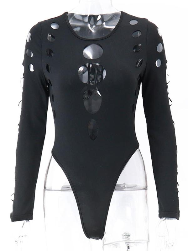 Women's Solid Hollow Out Round Neck Bodysuit, Fashion Casual Long Sleeve Bodysuit for Daily Outdoor Wear, Women Clothing for Summer