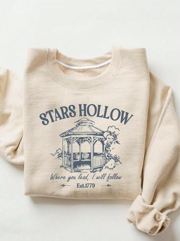 Women's Letter Print Round Neck Thermal Lined Pullover, Casual Long Sleeve Crew Neck Sweatshirt for Fall & Winter, Women's Clothes for Daily Wear