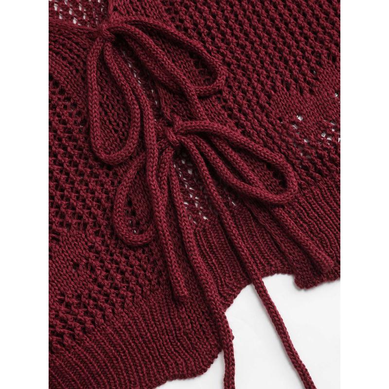 Cider [6 colors, size 2-26] Solid Hollow Out Knit Knotted Cardigan