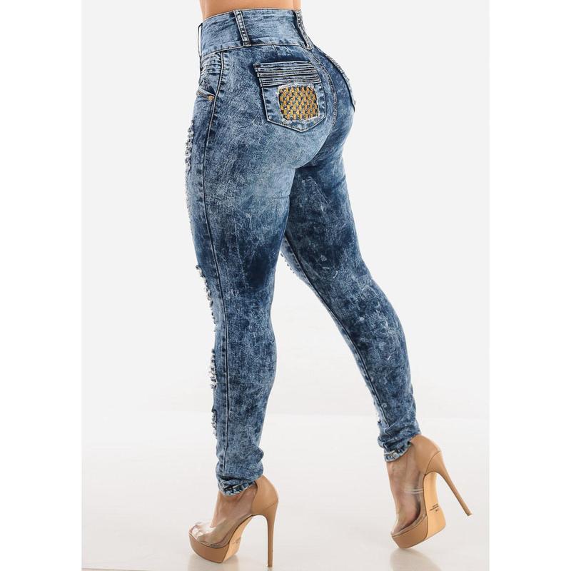 Butt Lift Super High Waist Ripped Skinny Jeans Acid Wash