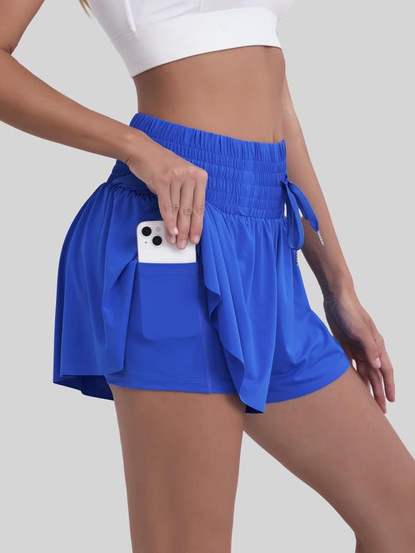 Women's 2 in 1 Drawstring Waist Shirred Skort, Casual Pocket High Waist Culottes for Summer, Shorts for Women, Women's Bottoms for Daily Wear, Going Out Bottoms