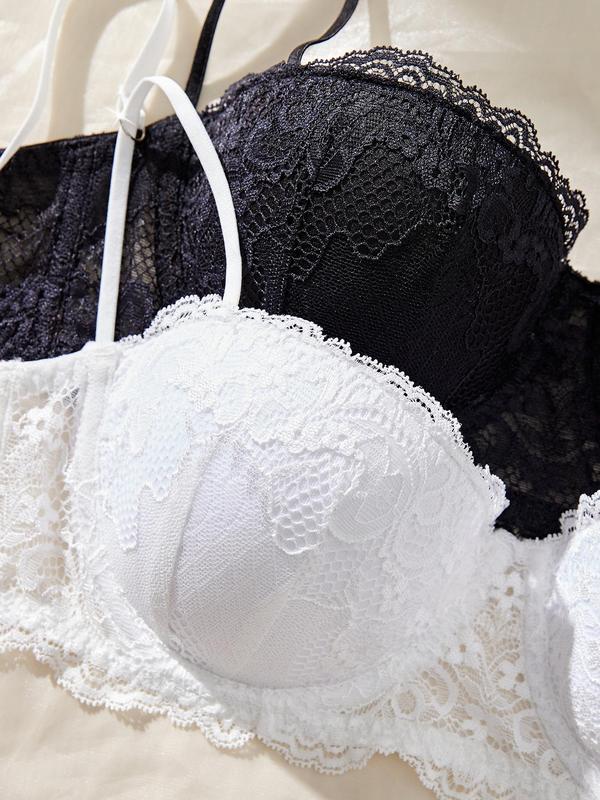 Women's Contrast Floral Lace Underwire Bra & Panty Set, Adjustable Strap Push Up Bra & Panty Set, Lingerie Set for Women