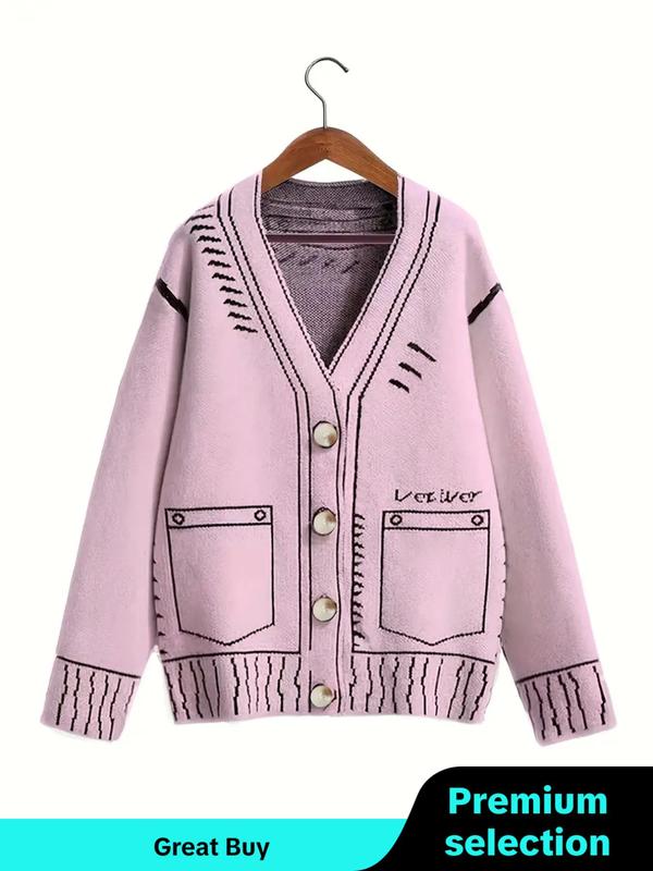  Graphic Print Button Front V Neck Cardigan, Knitting Womenswear, Comfort Drop Shoulder Long Sleeve Cardigan for Fall & Winter, Women's Knitwear for Daily Wear, Sweaters for Fall, Cardigan for Women, Going Out Outfits 2024