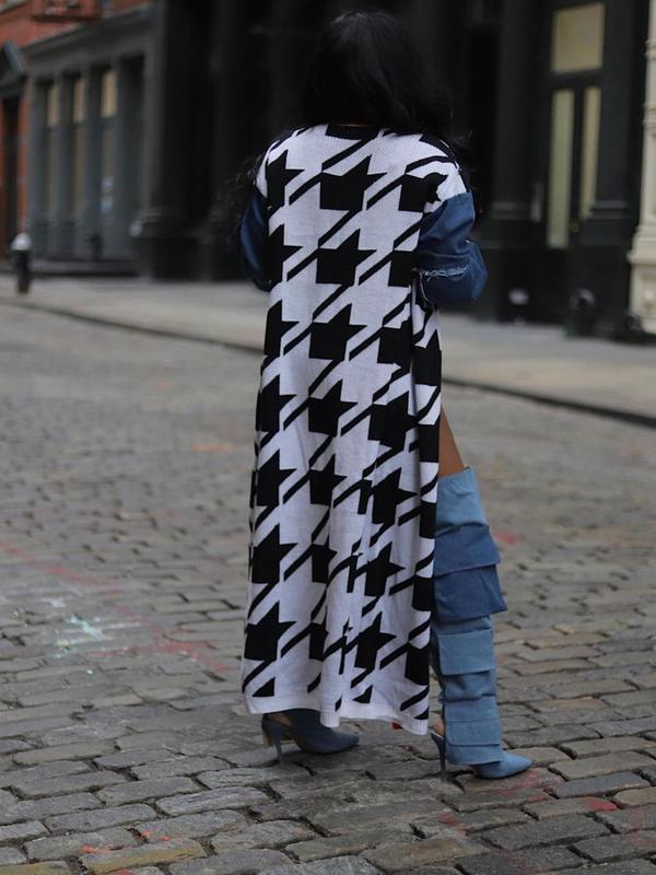 Women's Houndstooth Patchwork Print Drop Shoulder Longline Cardigan, Casual Long Sleeve Open Front Knitwear for Fall & Winter, Fashion Ladies' Knit Clothing for Daily Wear
