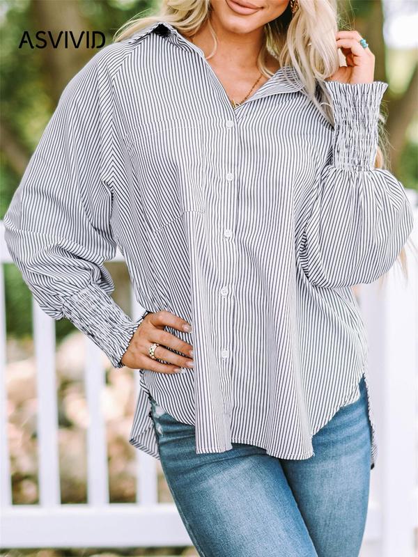 Women's Back To School Striped Print Button Front Frill Trim Raglan Sleeve Pocket Shirt, Fall Clothing Women, Going Out Tops, Shirts for Women, Casual Long Sleeve Shirred High Low Top for Daily Wear, Fall Tops  Preppy 80s Clothes