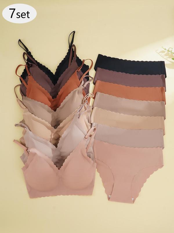 Women's Solid Color Scallop Trim Seamless Bra & Panty Set, Soft Comfy Breathable Backless Bra & Panty Set, Lingerie Set for Women