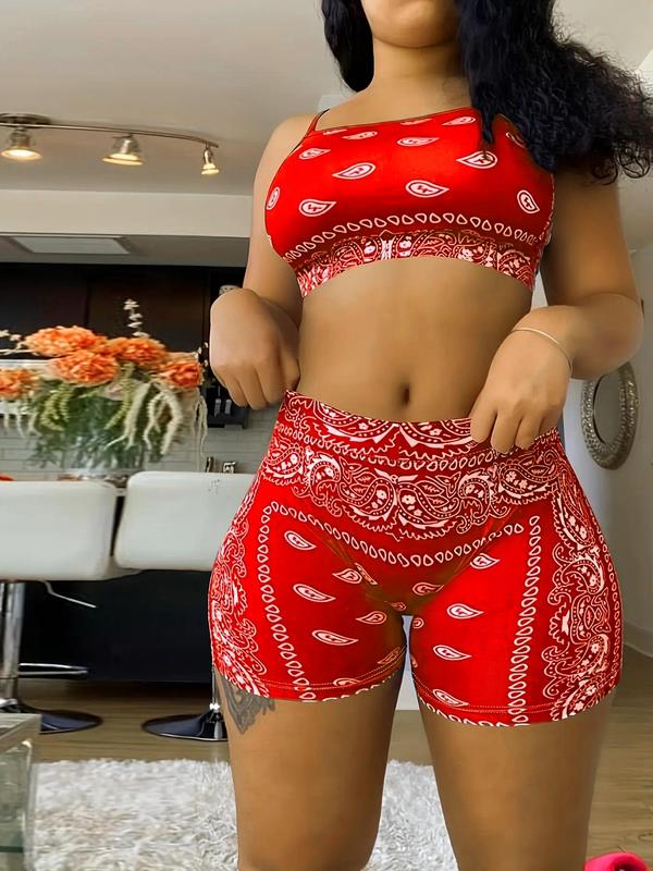 Two-piece Set Women's Paisley Print Crop Cami Top & High Waist Shorts Set, Summer Clothes Women Boho Sleeveless Spaghetti Strap Cropped Top & Shorts for Beach Vacation, Birthday Gifts for Women