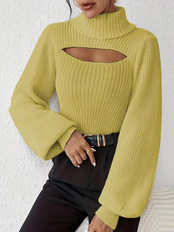 Women's Cut Out Lantern Sleeve High  Neck Sweater, Elegant Fashion Long Sleeve Jumper for Daily Outdoor Wear, Women Knitwear for Fall & Winter
