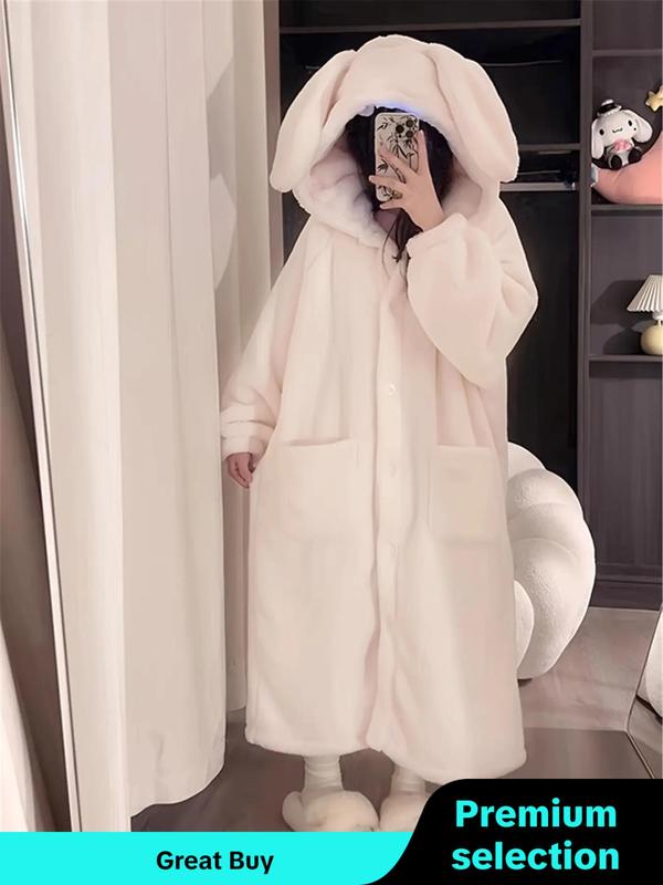 Women's Solid 3d Ear Decor Button Front Hooded Coral Fleece Robe, Cute Drop Shoulder Long Sleeve Thermal Lined Robe, Women's Sleepwear for Winter