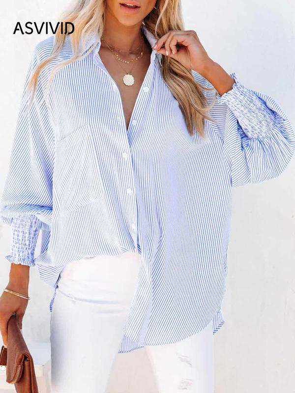Women's Back To School Striped Print Button Front Frill Trim Raglan Sleeve Pocket Shirt, Fall Clothing Women, Going Out Tops, Shirts for Women, Casual Long Sleeve Shirred High Low Top for Daily Wear, Fall Tops  Preppy 80s Clothes