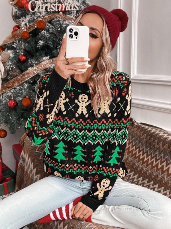 Women's All Over Christmas Tree & Gingerbread Print Sweater, Casual Long Sleeve Round Neck Jumper for Fall & Winter, Ladies' Knitwear for Daily Wear