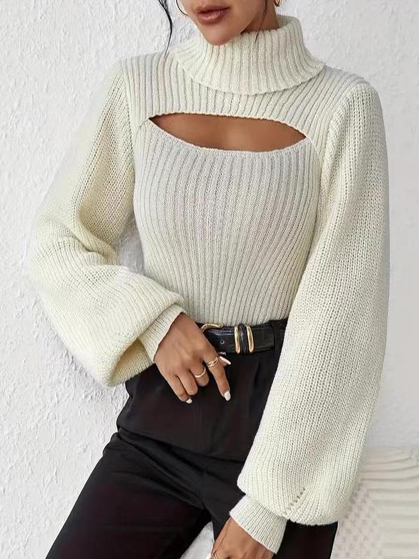 Women's Cut Out Lantern Sleeve High  Neck Sweater, Elegant Fashion Long Sleeve Jumper for Daily Outdoor Wear, Women Knitwear for Fall & Winter