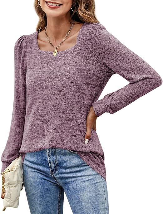 Goranbon Womens Tunic Tops for Leggings Square Neck Puff Sleeve Shirts Casual Fall Sweatshirts
