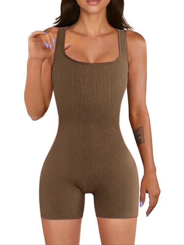 Women's Solid Color Ribbed Square Neck Tank Shapewear Romper, Casual Comfy Tummy Control Thigh Slimmer Seamless Sleeveless Shaper Bodysuit for Daily Wear, Summer Wear 2024, Ladies Shapewear, Fall Wear, Earthtone Fallfreshness