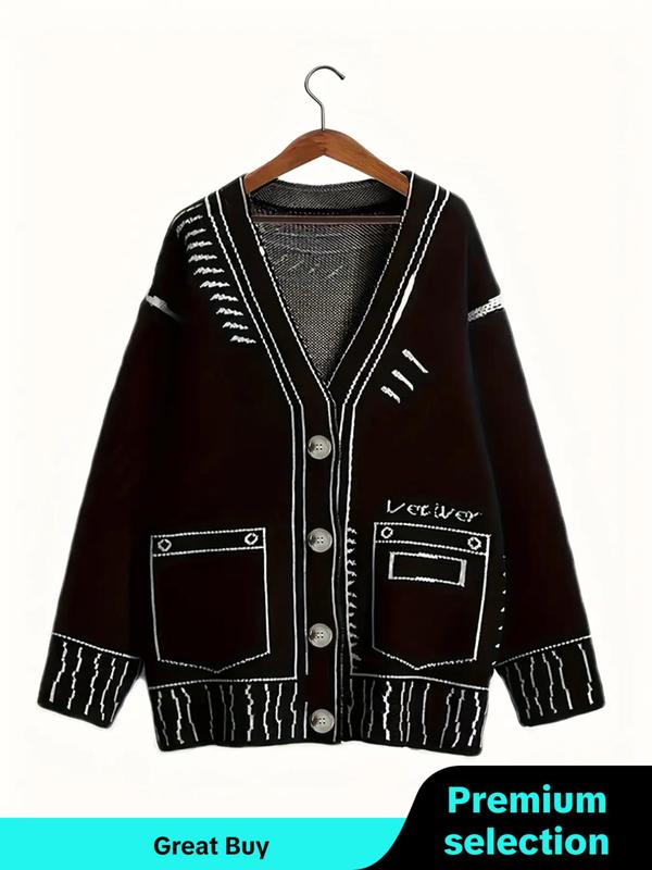  Graphic Print Button Front V Neck Cardigan, Knitting Womenswear, Comfort Drop Shoulder Long Sleeve Cardigan for Fall & Winter, Women's Knitwear for Daily Wear, Sweaters for Fall, Cardigan for Women, Going Out Outfits 2024
