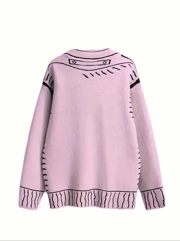  Graphic Print Button Front V Neck Cardigan, Knitting Womenswear, Comfort Drop Shoulder Long Sleeve Cardigan for Fall & Winter, Women's Knitwear for Daily Wear, Sweaters for Fall, Cardigan for Women, Going Out Outfits 2024