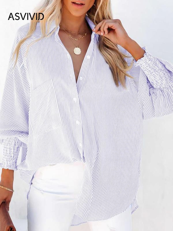 Women's Back To School Striped Print Button Front Frill Trim Raglan Sleeve Pocket Shirt, Fall Clothing Women, Going Out Tops, Shirts for Women, Casual Long Sleeve Shirred High Low Top for Daily Wear, Fall Tops  Preppy 80s Clothes