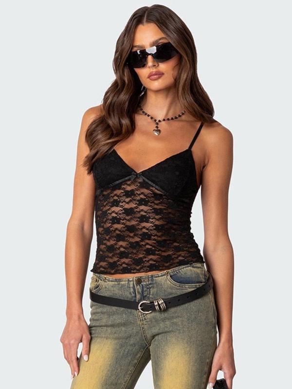 Women's Plain Floral Lace Bow Decor Sheer Crop Cami Top, Elegant V Neck Backless Top for Summer, Ladies 90s Clothes for Dating Daily Wear, Leisure Wear Top
