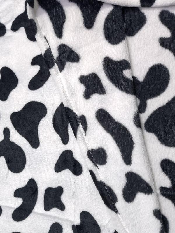 Women's Cow Print Drop Shoulder Flannel Lounge Hoodie, Casual Long Sleeve Pocket Design Hooded  Sweatshirt  for Fall & Winter, Lady's Sleepwear for Indoor Wear
