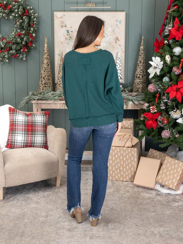 Andree Brushed Waffle Round Neck Side Slit Long Sleeve Top | S - 3X