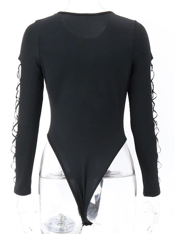 Women's Solid Hollow Out Round Neck Bodysuit, Fashion Casual Long Sleeve Bodysuit for Daily Outdoor Wear, Women Clothing for Summer