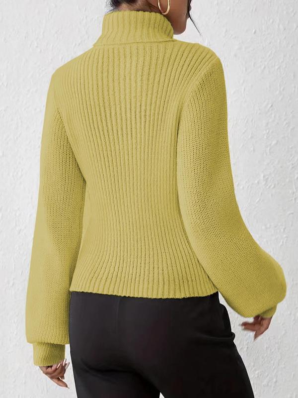 Women's Cut Out Lantern Sleeve High  Neck Sweater, Elegant Fashion Long Sleeve Jumper for Daily Outdoor Wear, Women Knitwear for Fall & Winter