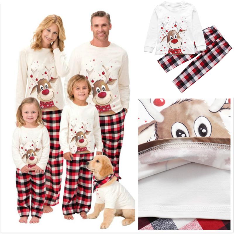 Christmas Family Pajamas Set Xmas Pj's Clothes , Reindeer Pattern Tops+Long Elastic Pants for Dad Mom Kids Sleepwear & Loungewear