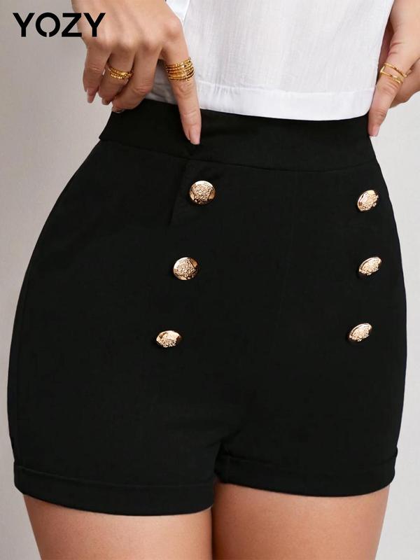 YOZY Women's Fake Buttons Decor Straight Leg Shorts, Casual Comfy Elastic Waist Shorts for Daily Wear, Ladies Bottoms for All Seasons